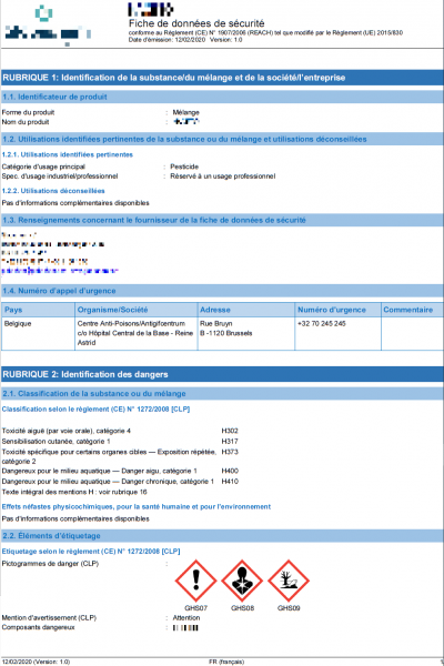 Fiche de données de sécurité d'un produit phytopharmaceutique